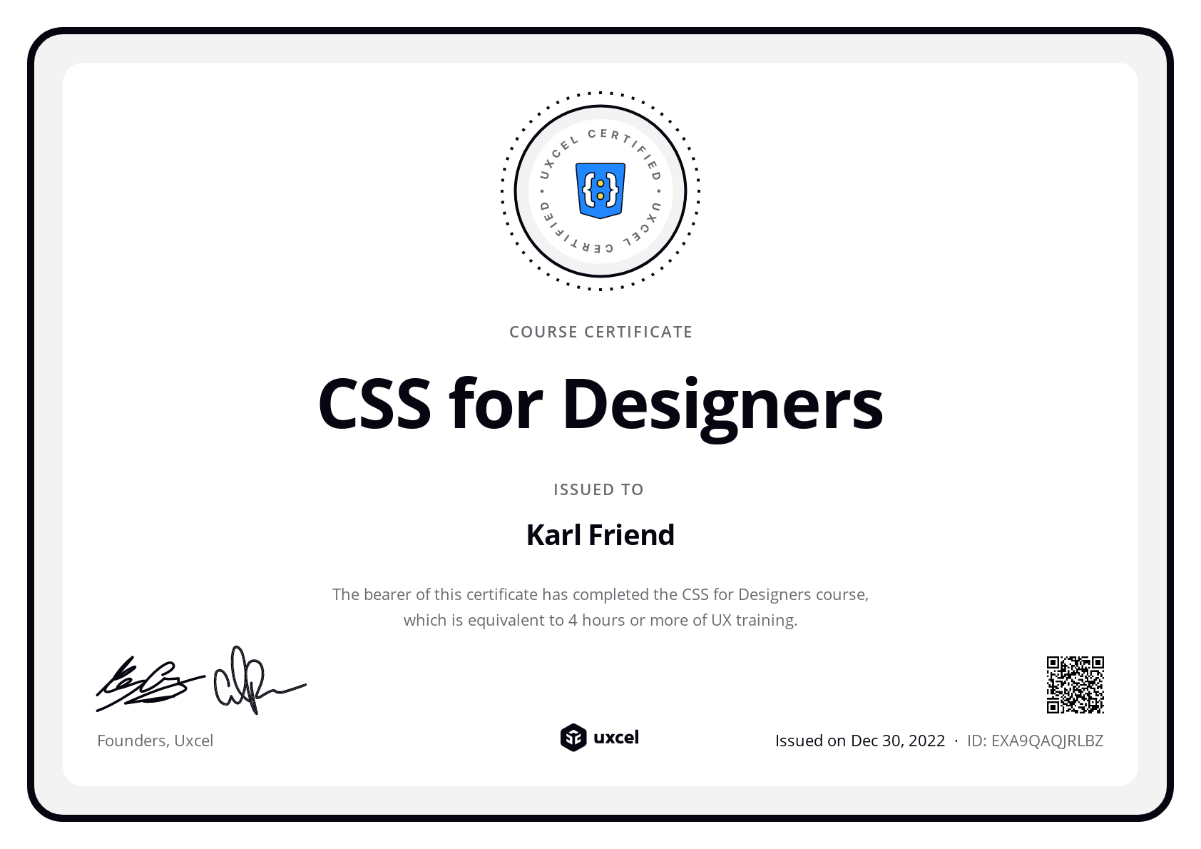 Karl Friend's certificate
